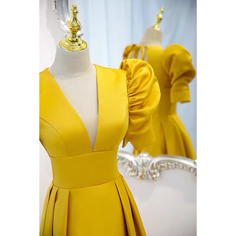 Open Back Yellow Prom Dress with Sleeves