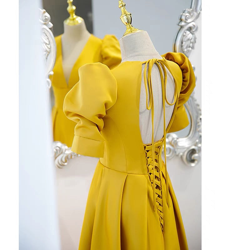 Open Back Yellow Prom Dress with Sleeves