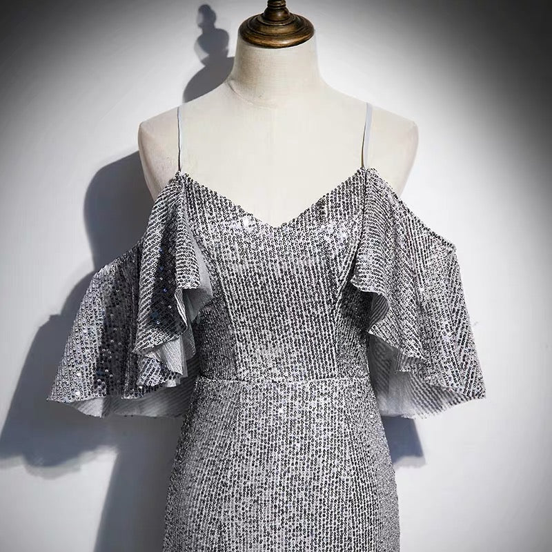 Long Formal Mermaid Silver Sequins Gown