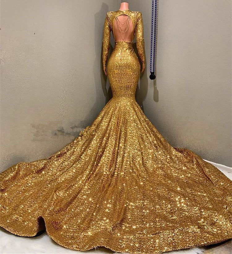 Long Sleeved Gold Sequins Prom Dress for Curvy Black Girls
