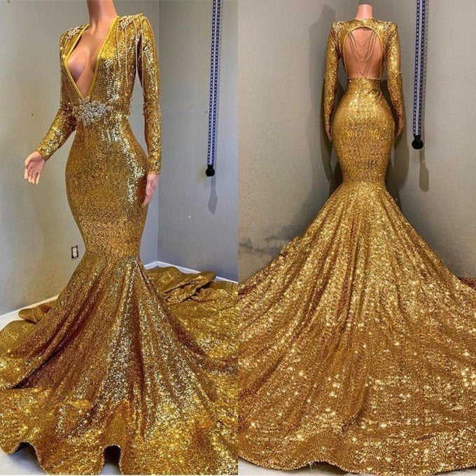 Long Sleeved Gold Sequins Prom Dress for Curvy Black Girls