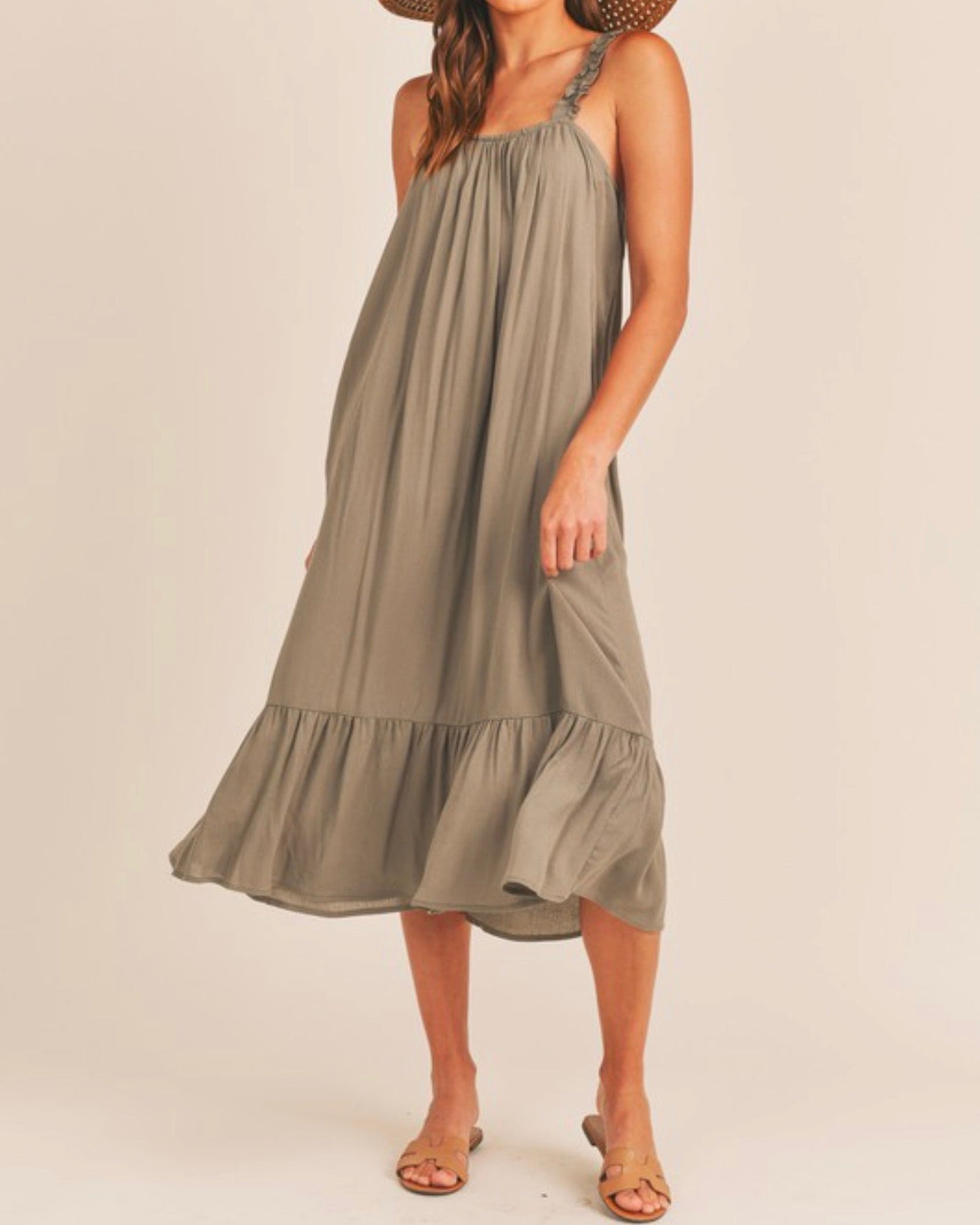 Gauze Ruffle Midi Dress in Olive