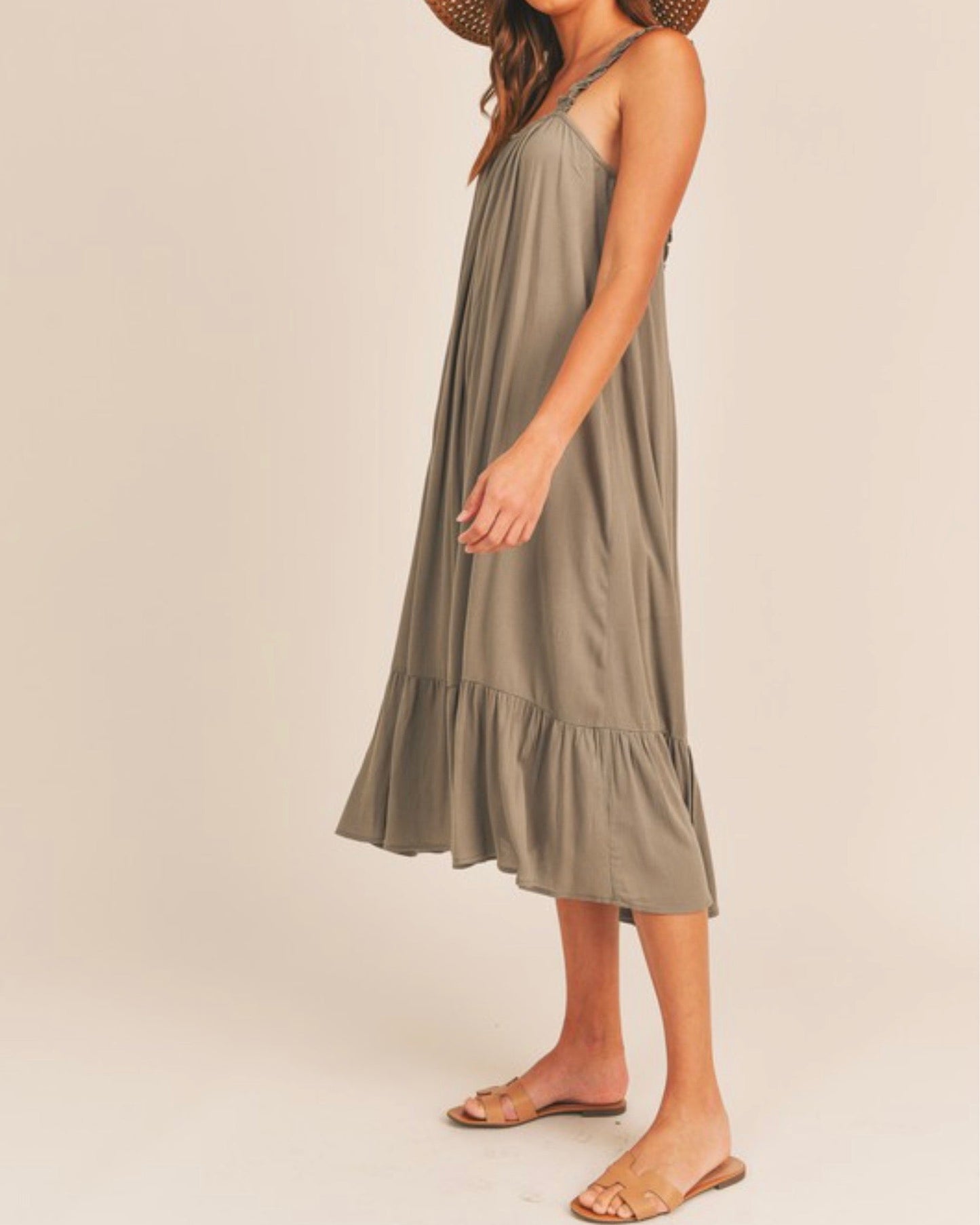 Gauze Ruffle Midi Dress in Olive