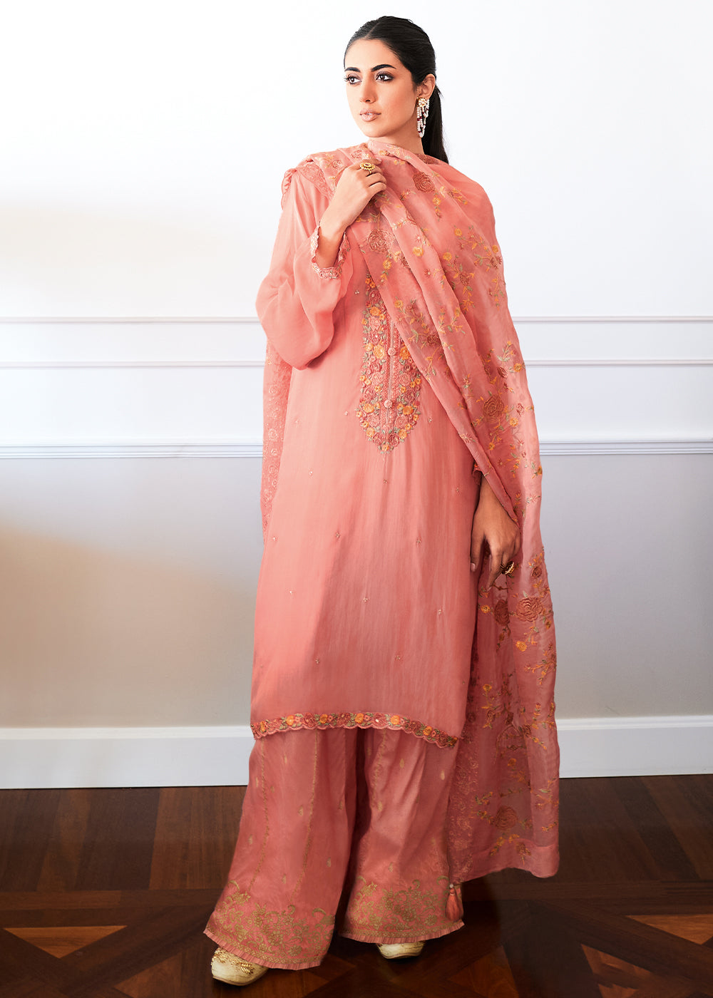 Salmon Pink Designer Woven Viscose Organza Salwar Suit with Embroidery work: Top Pick