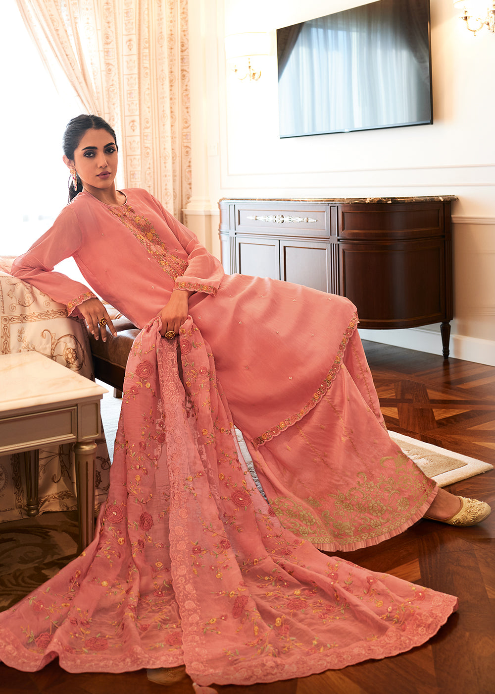 Salmon Pink Designer Woven Viscose Organza Salwar Suit with Embroidery work: Top Pick