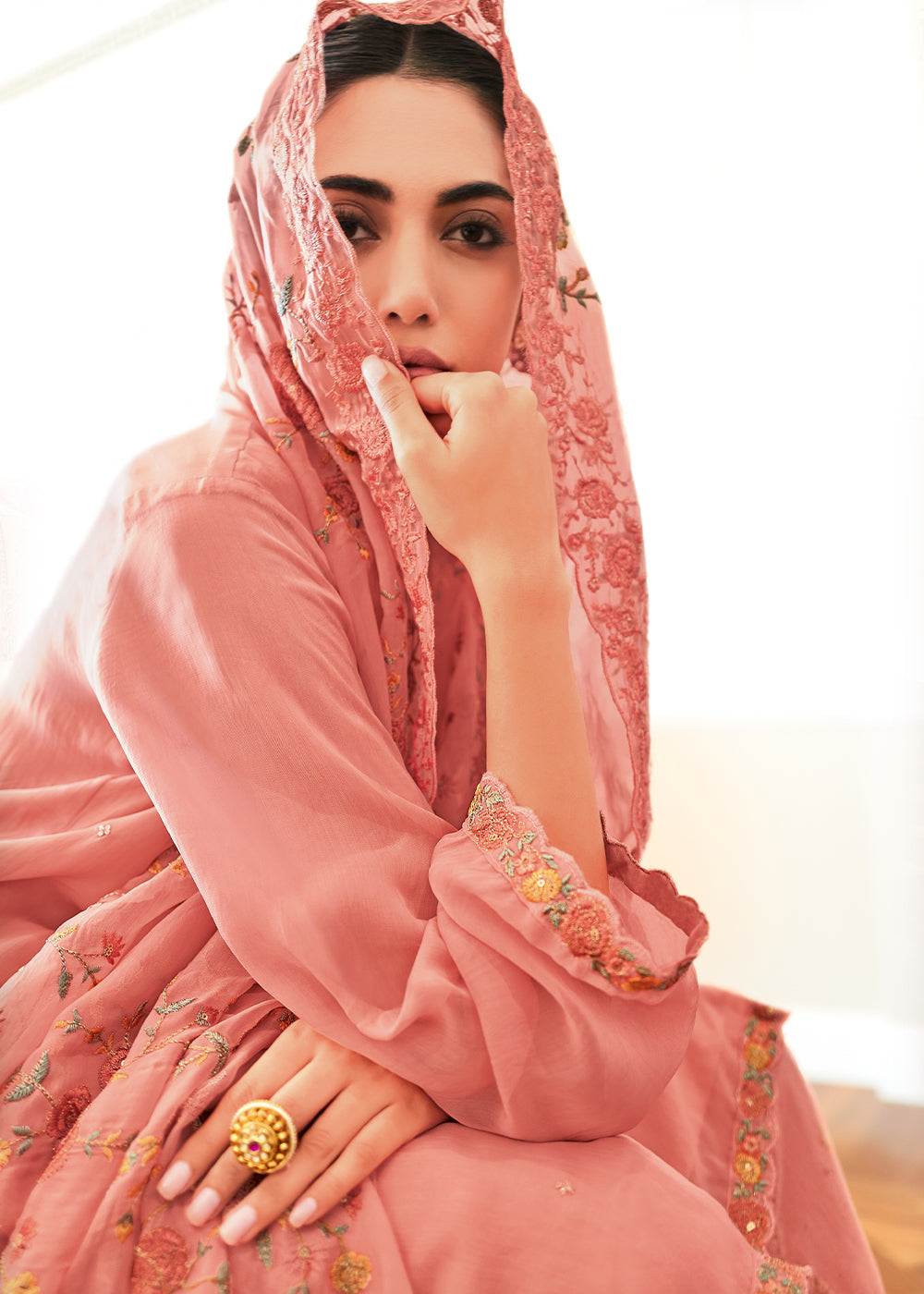 Salmon Pink Designer Woven Viscose Organza Salwar Suit with Embroidery work: Top Pick