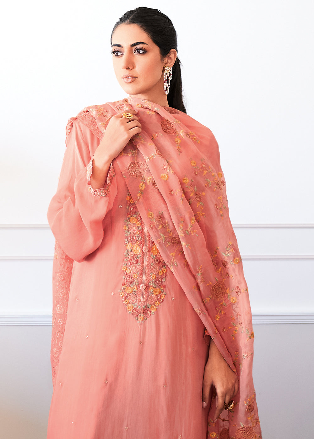 Salmon Pink Designer Woven Viscose Organza Salwar Suit with Embroidery work: Top Pick