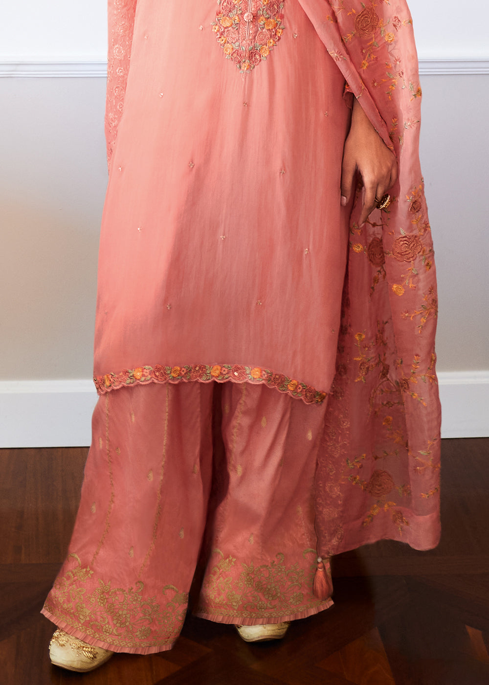 Salmon Pink Designer Woven Viscose Organza Salwar Suit with Embroidery work: Top Pick