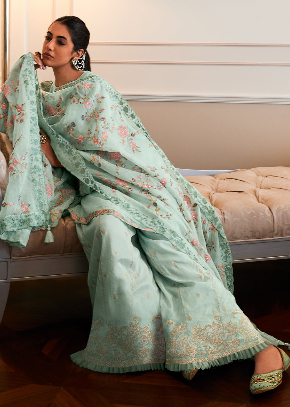 Baby Blue Designer Woven Viscose Organza Salwar Suit with Embroidery work: Top Pick