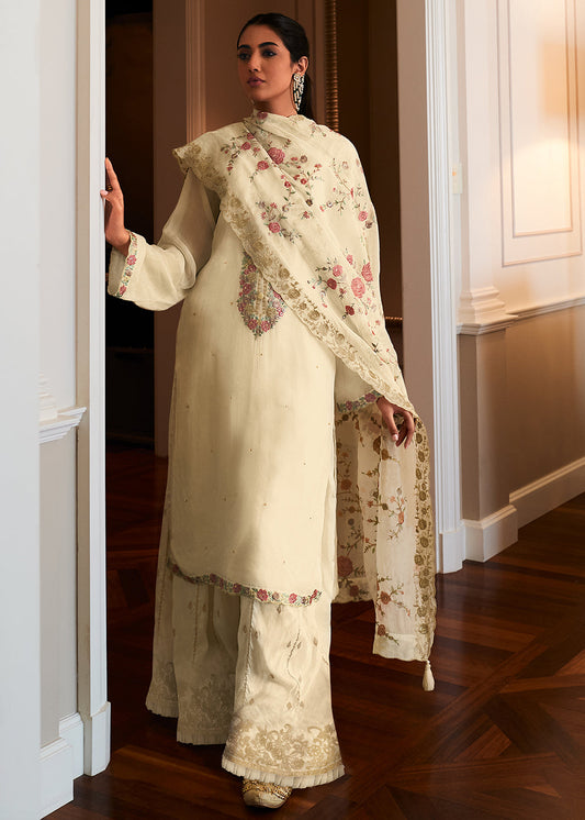 Parchment White Designer Woven Viscose Organza Salwar Suit with Embroidery work: Top Pick