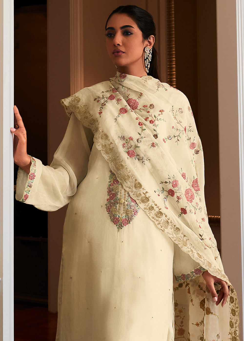 Parchment White Designer Woven Viscose Organza Salwar Suit with Embroidery work: Top Pick