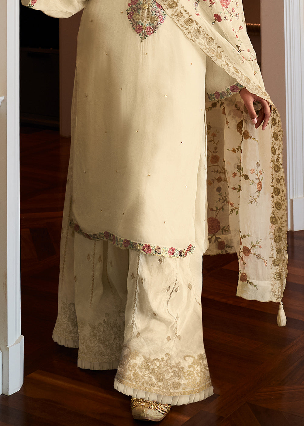 Parchment White Designer Woven Viscose Organza Salwar Suit with Embroidery work: Top Pick