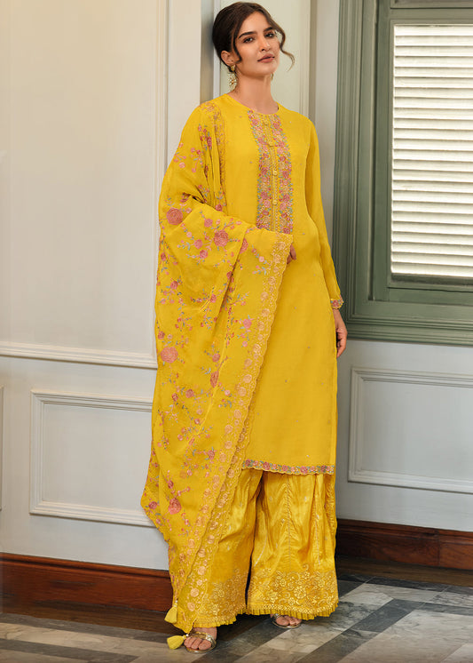 Golden Yellow Designer Woven Viscose Organza Salwar Suit with Embroidery work: Top Pick