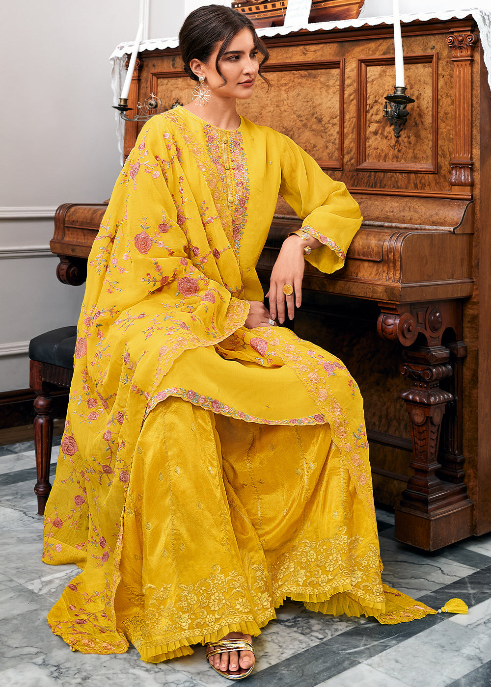 Golden Yellow Designer Woven Viscose Organza Salwar Suit with Embroidery work: Top Pick