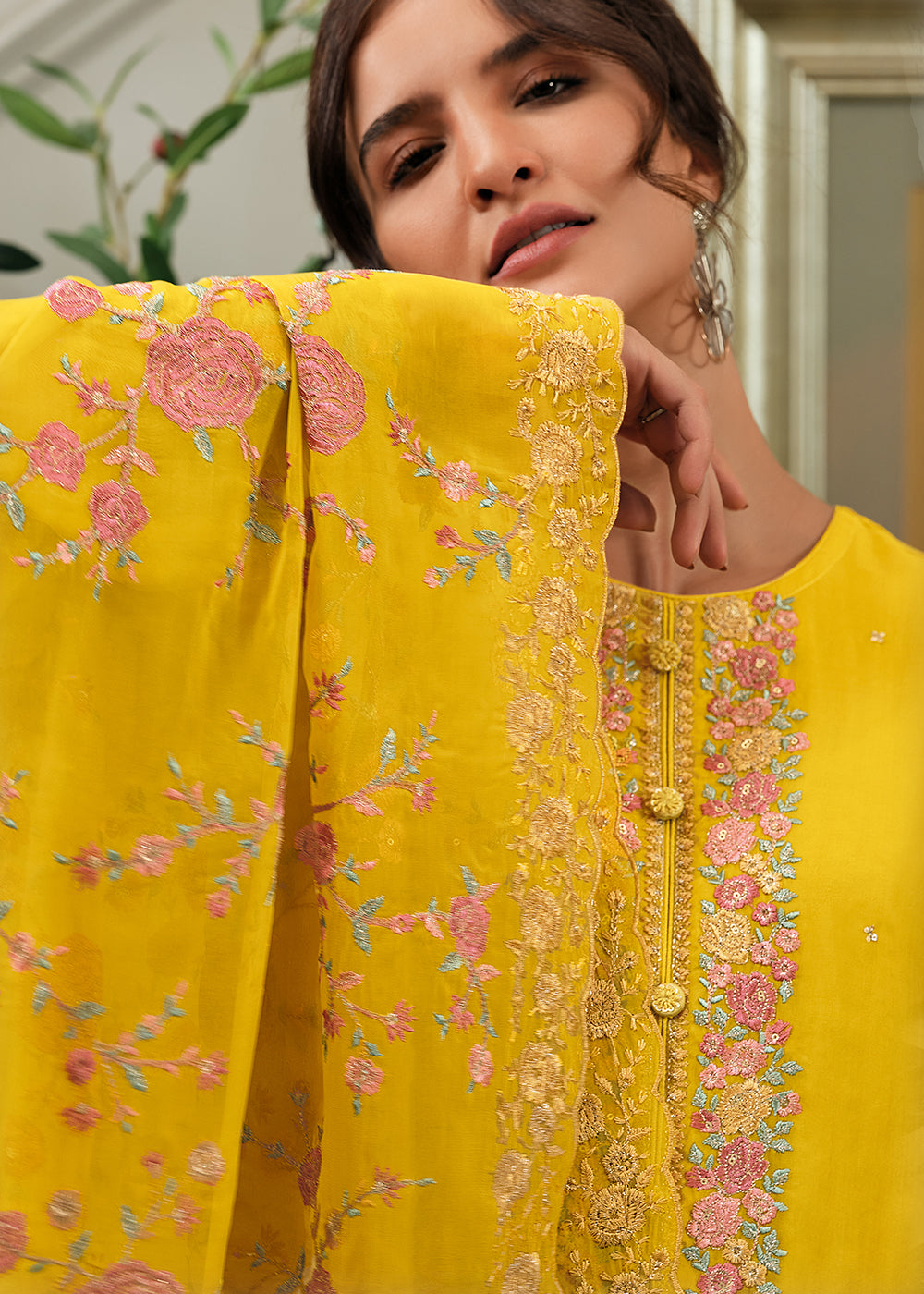 Golden Yellow Designer Woven Viscose Organza Salwar Suit with Embroidery work: Top Pick