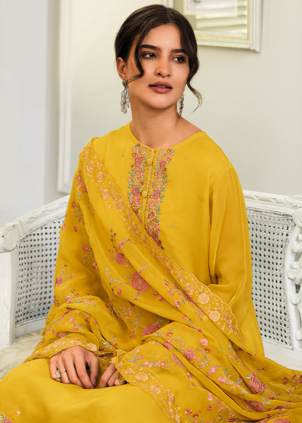 Golden Yellow Designer Woven Viscose Organza Salwar Suit with Embroidery work: Top Pick