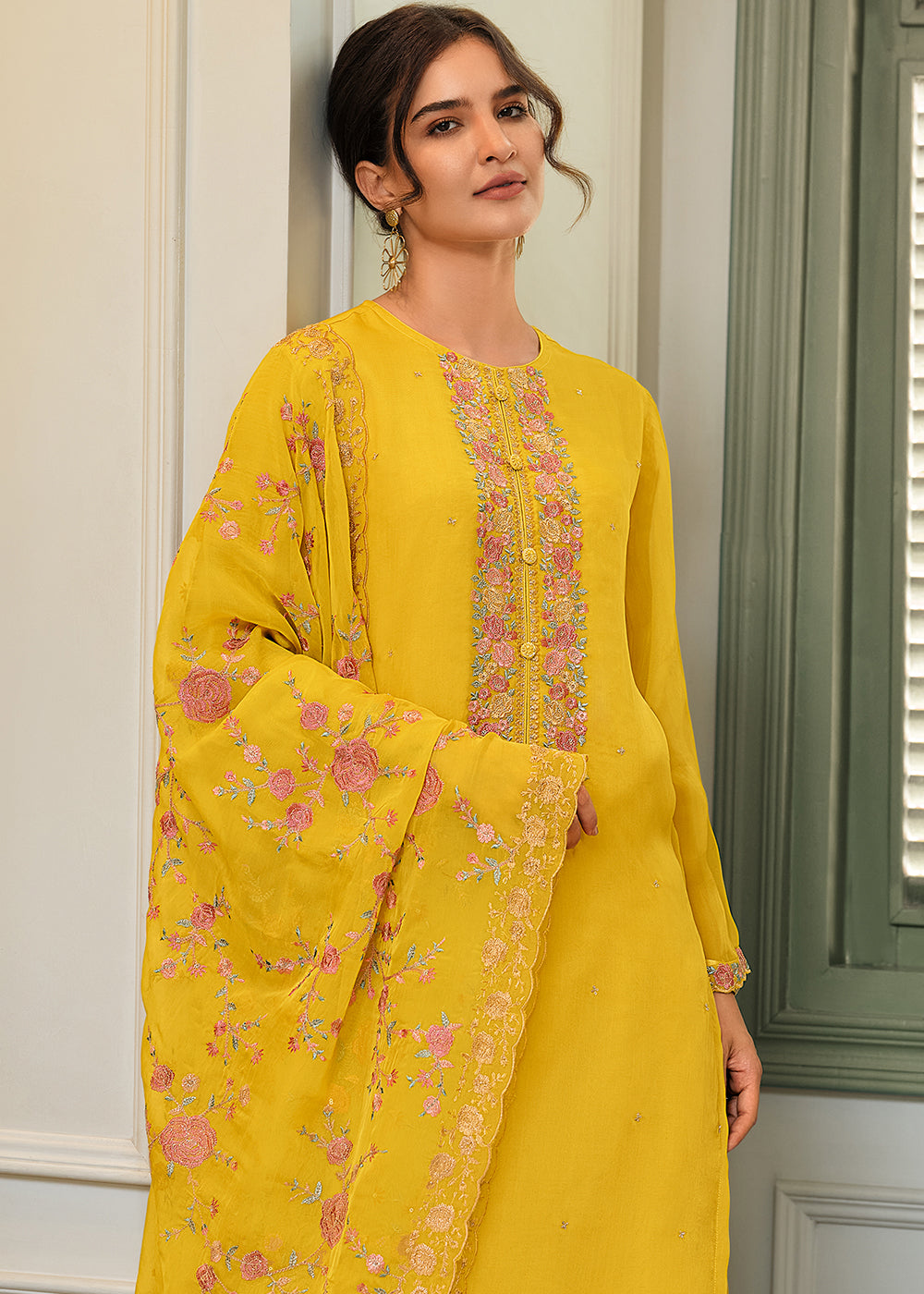 Golden Yellow Designer Woven Viscose Organza Salwar Suit with Embroidery work: Top Pick