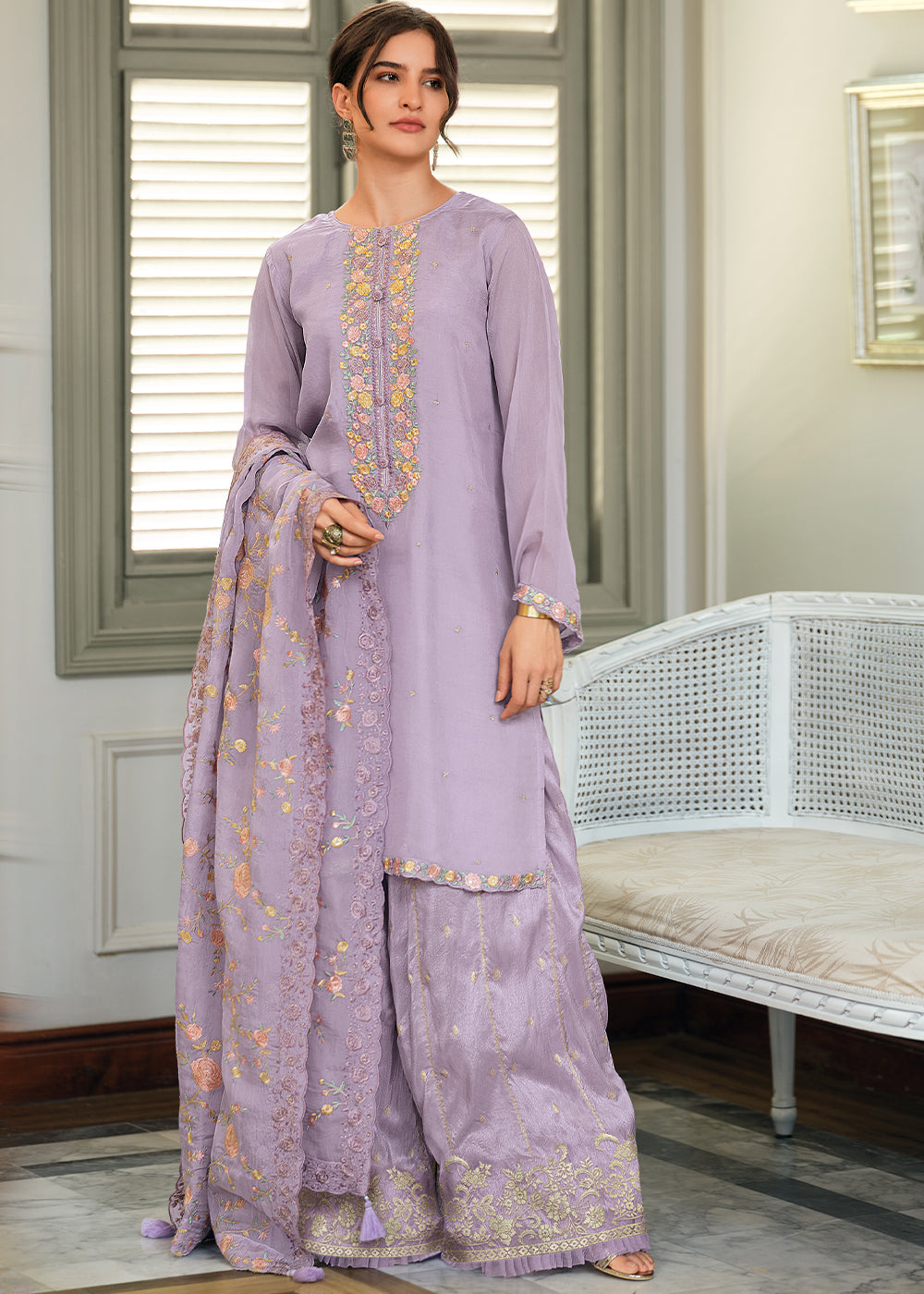 Pastel Purple Designer Woven Viscose Organza Salwar Suit with Embroidery work: Top Pick