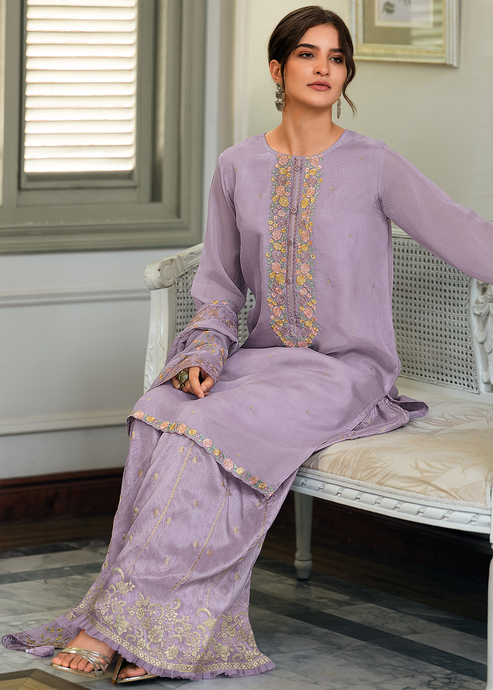 Pastel Purple Designer Woven Viscose Organza Salwar Suit with Embroidery work: Top Pick