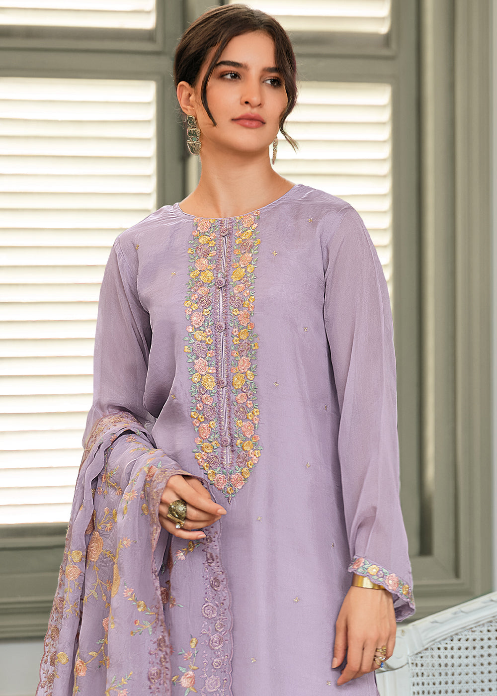 Pastel Purple Designer Woven Viscose Organza Salwar Suit with Embroidery work: Top Pick