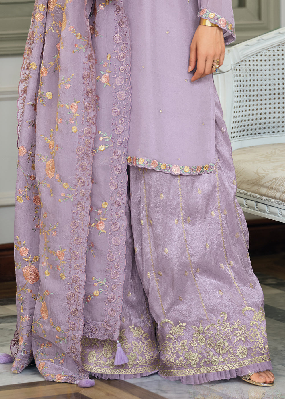 Pastel Purple Designer Woven Viscose Organza Salwar Suit with Embroidery work: Top Pick