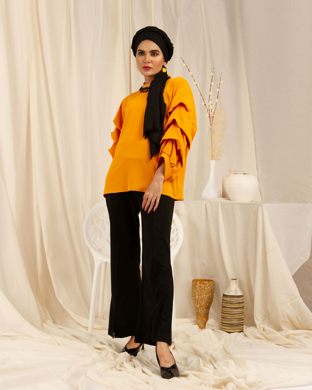 Beaded Neck and Ruffle Sleeves Shirt - Bright Yellow