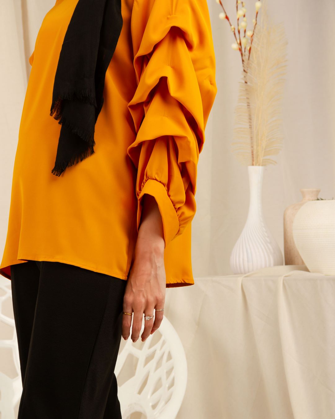 Beaded Neck and Ruffle Sleeves Shirt - Bright Yellow