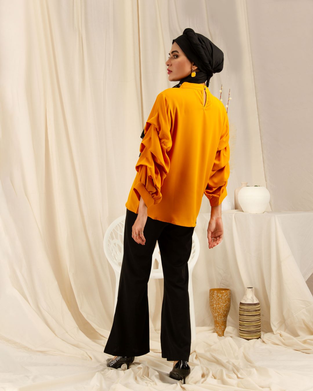 Beaded Neck and Ruffle Sleeves Shirt - Bright Yellow