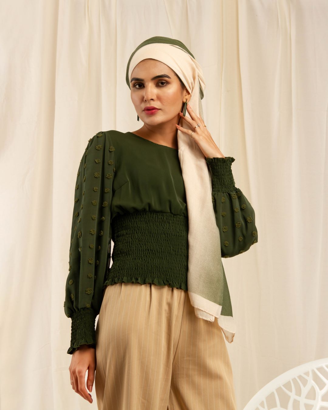 Ribbed Waist Puffy Sleeves Top - Crocodile Green