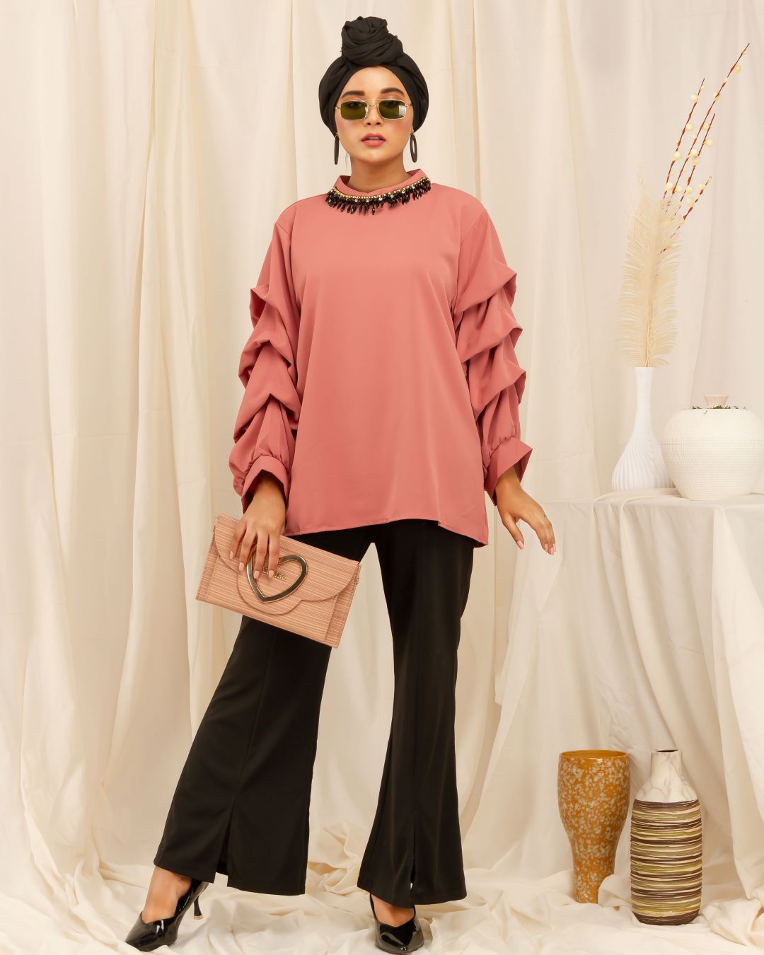 Beaded Neck and Ruffle Sleeves Shirt - Peach