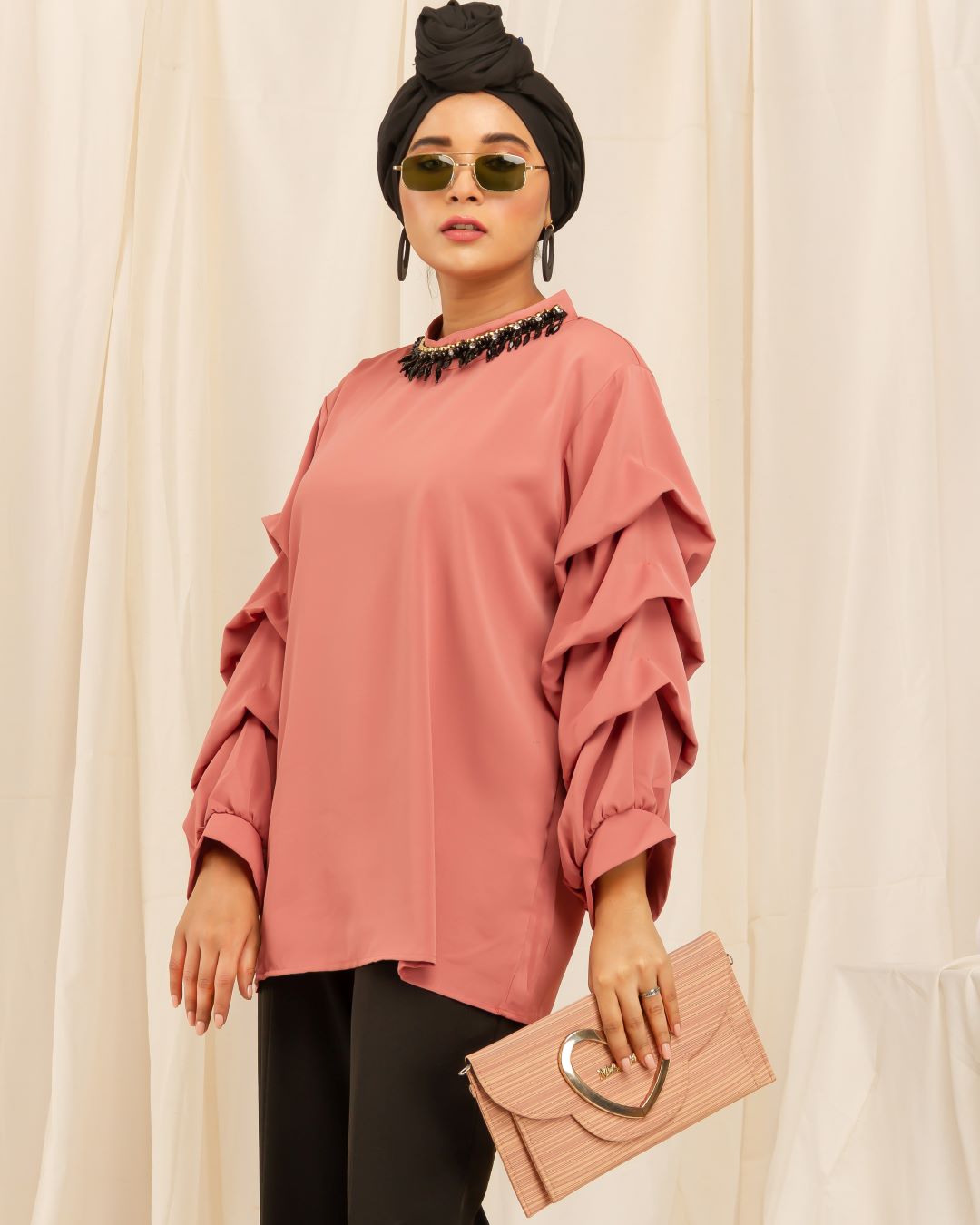 Beaded Neck and Ruffle Sleeves Shirt - Peach