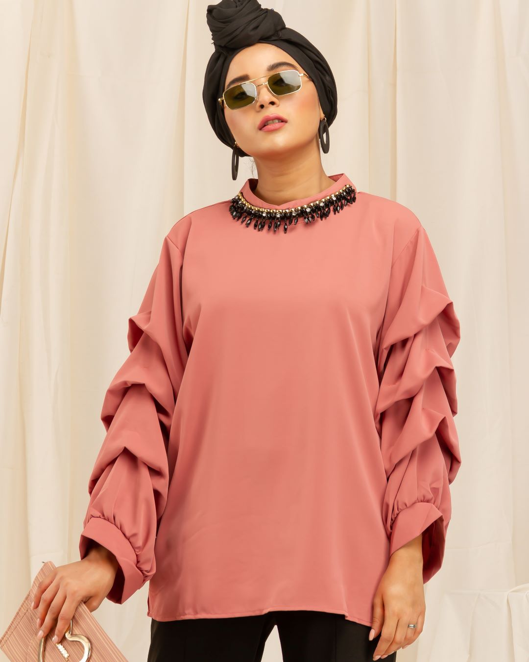 Beaded Neck and Ruffle Sleeves Shirt - Peach