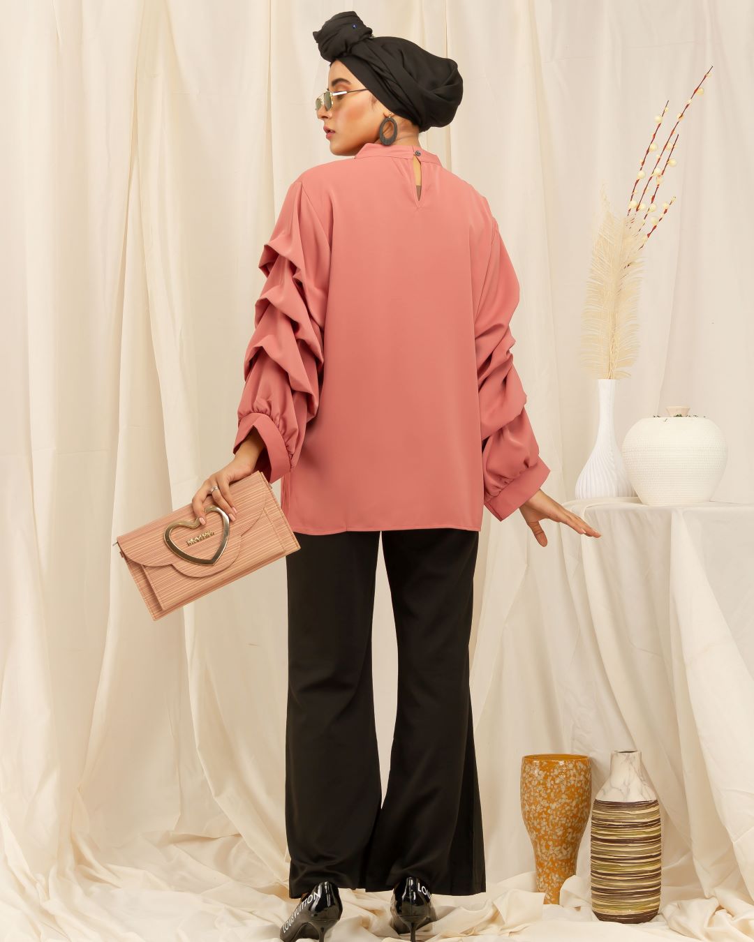 Beaded Neck and Ruffle Sleeves Shirt - Peach