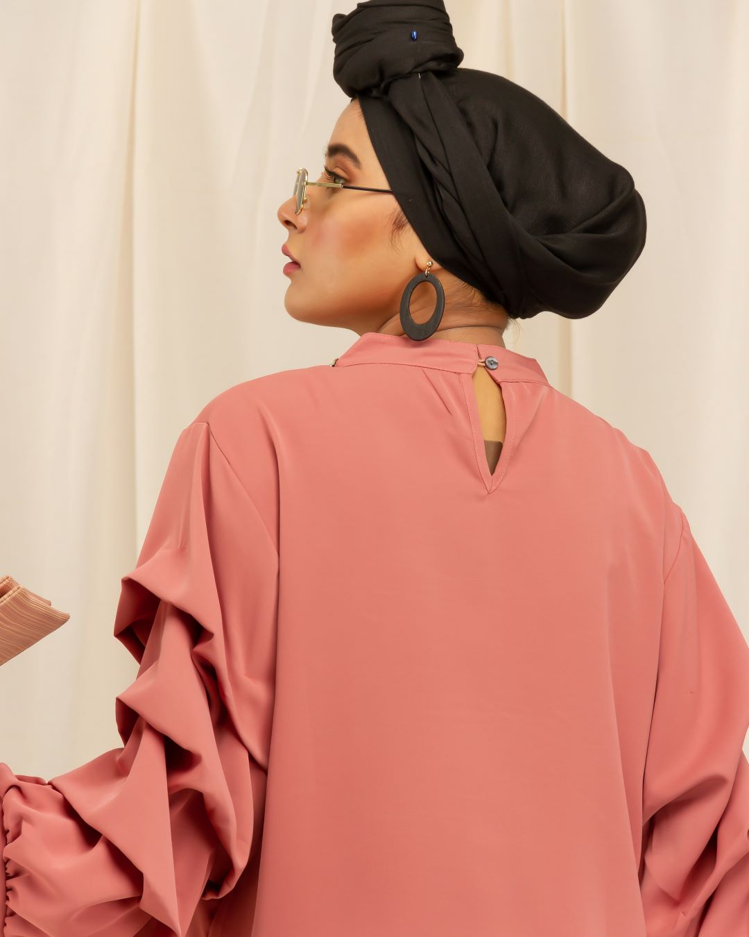 Beaded Neck and Ruffle Sleeves Shirt - Peach