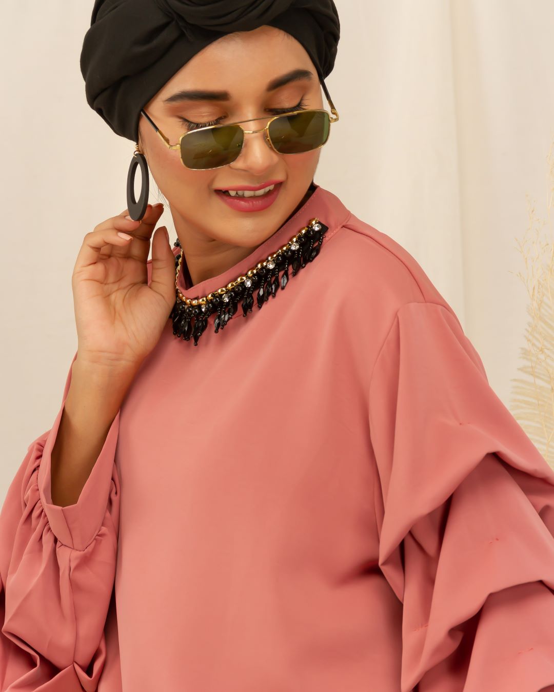 Beaded Neck and Ruffle Sleeves Shirt - Peach