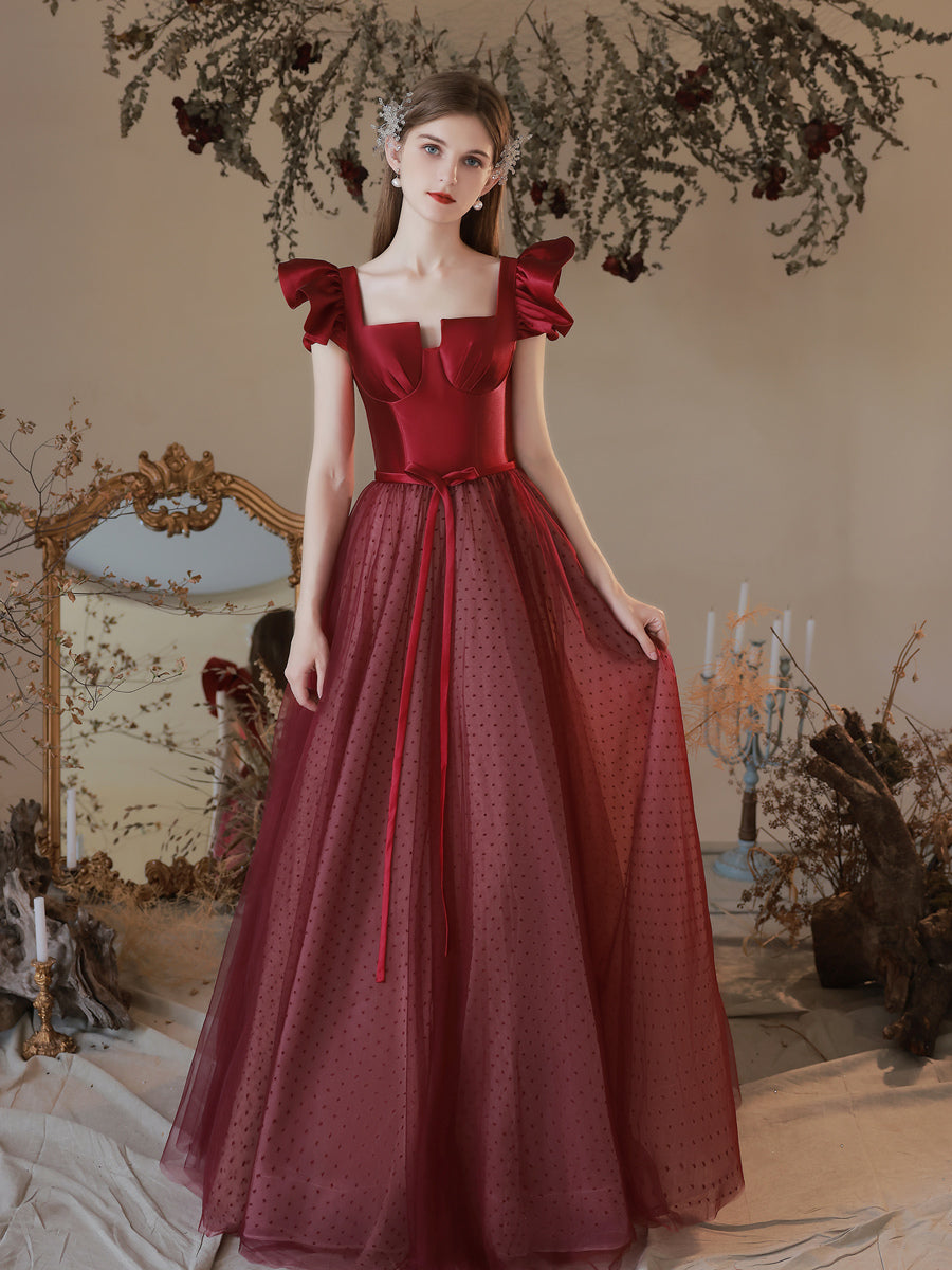 Maroon Princess Polka Dot Prom Dress
