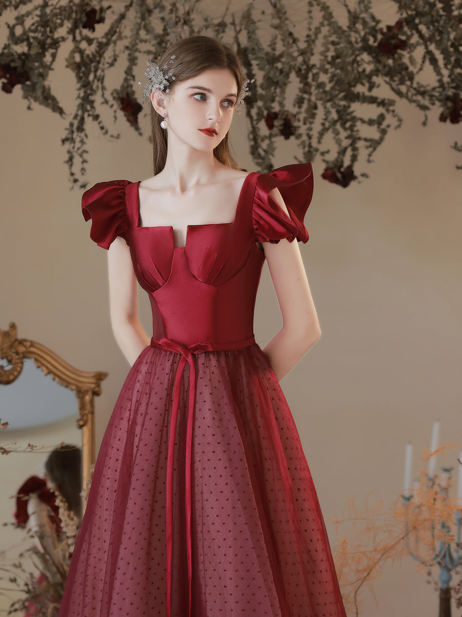 Maroon Princess Polka Dot Prom Dress