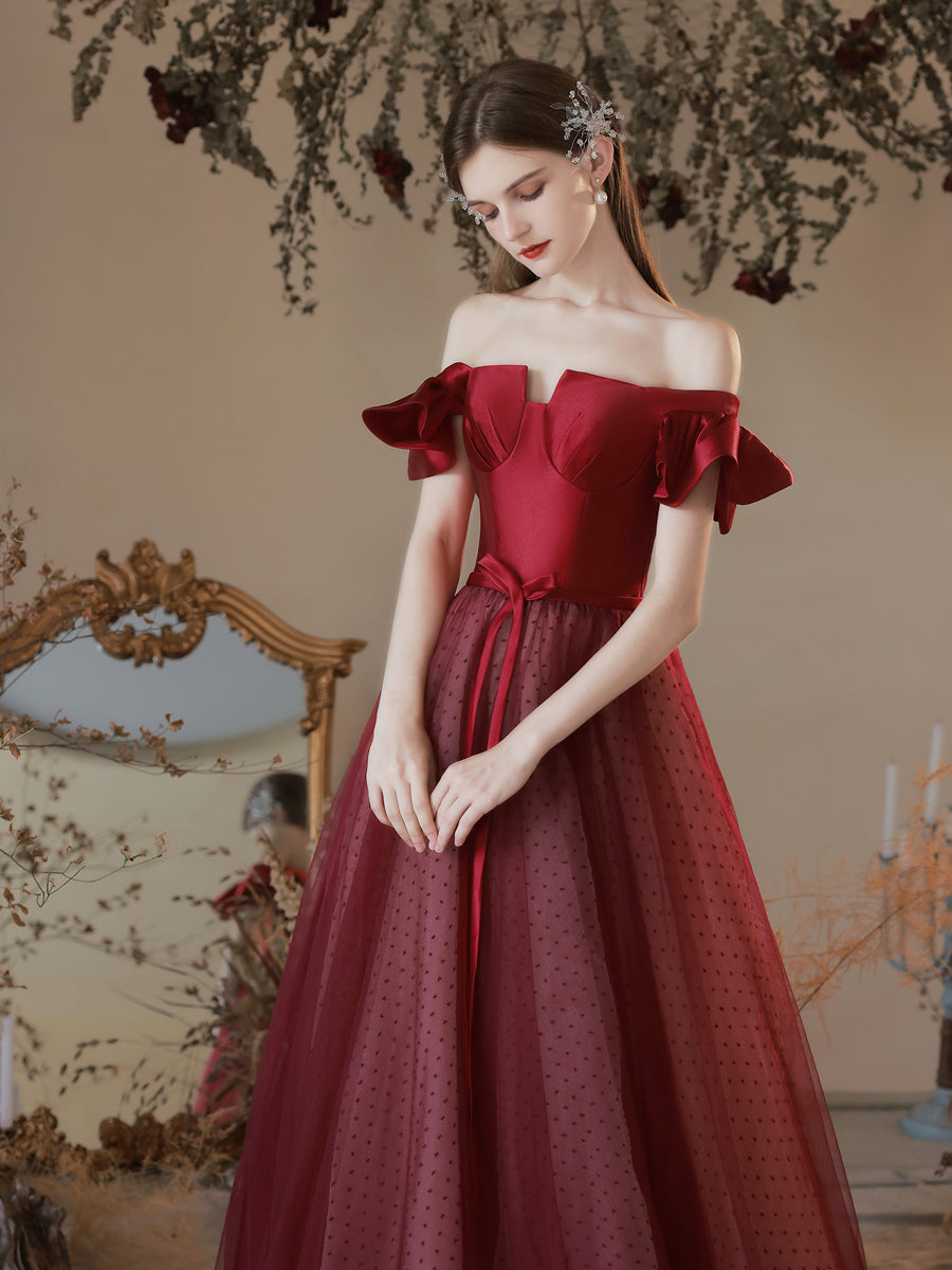 Maroon Princess Polka Dot Prom Dress