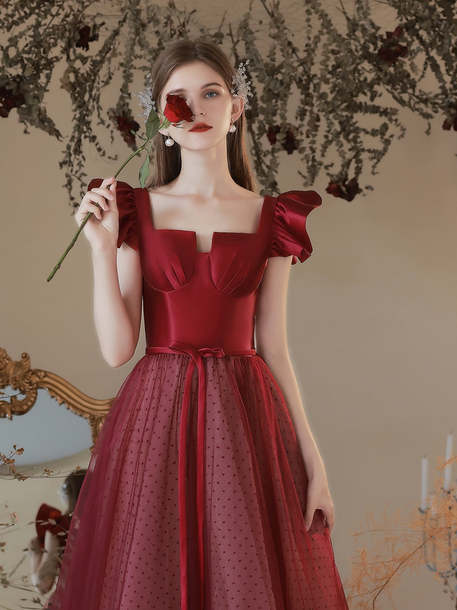 Maroon Princess Polka Dot Prom Dress