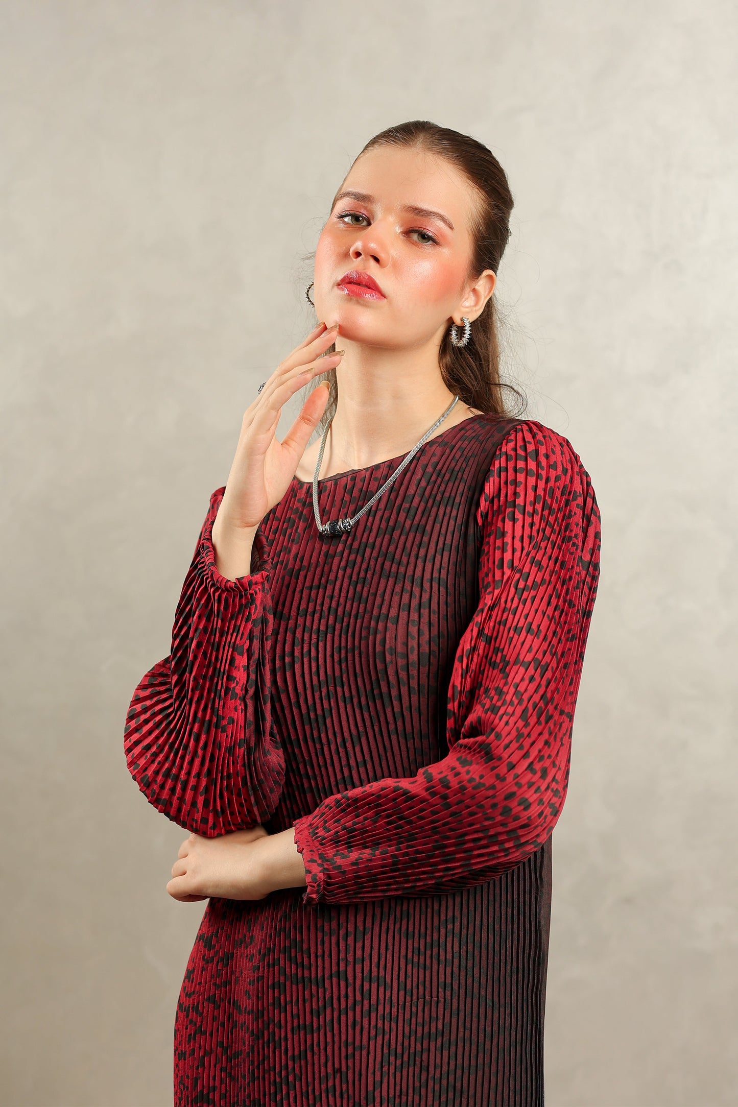 Maroon Leopard Pleated Maxi