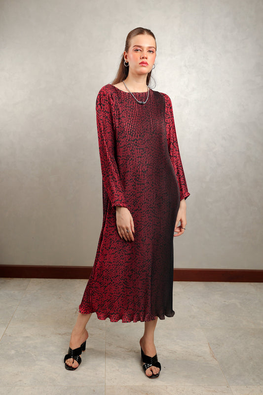 Maroon Leopard Pleated Maxi