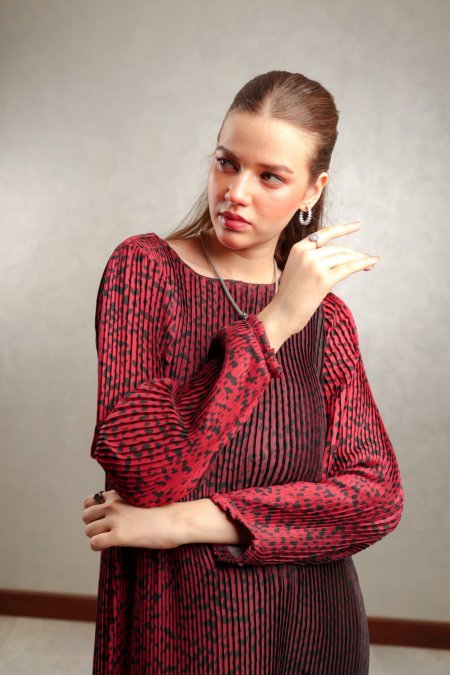 Maroon Leopard Pleated Maxi