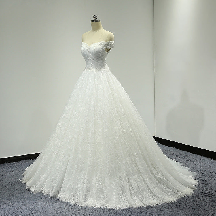 Off Shoulder Ball Gown Lace Wedding Dress with Handmade Flower at Back #21011207