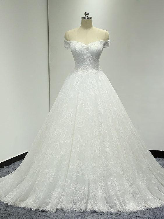 Off Shoulder Ball Gown Lace Wedding Dress with Handmade Flower at Back #21011207