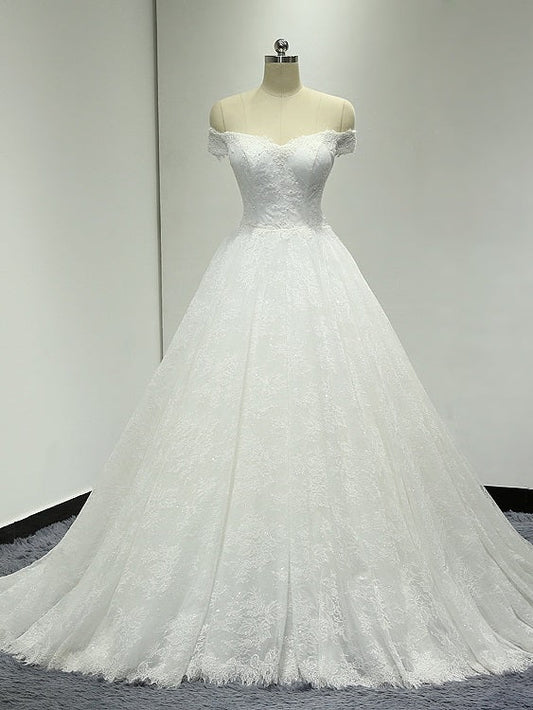 Off Shoulder Ball Gown Lace Wedding Dress with Handmade Flower at Back #21011207