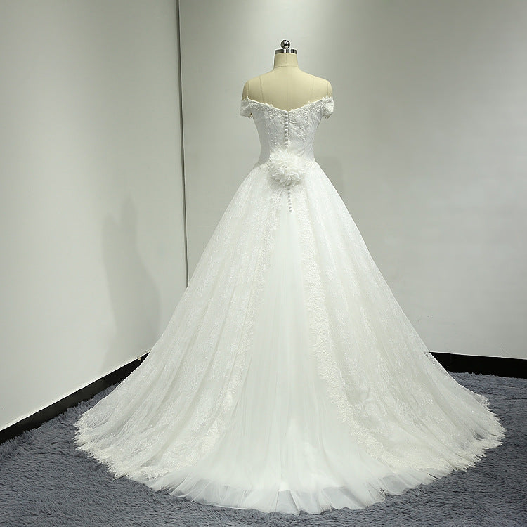 Off Shoulder Ball Gown Lace Wedding Dress with Handmade Flower at Back #21011207