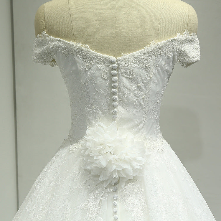 Off Shoulder Ball Gown Lace Wedding Dress with Handmade Flower at Back #21011207