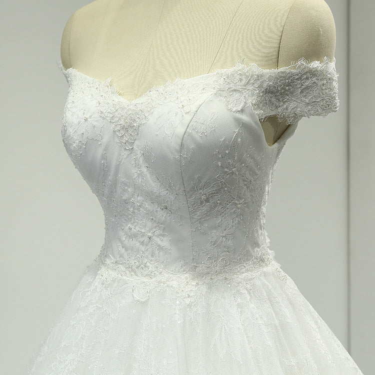 Off Shoulder Ball Gown Lace Wedding Dress with Handmade Flower at Back #21011207
