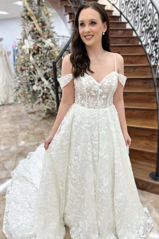 Off Shoulder Lace A-Line Wedding Dress