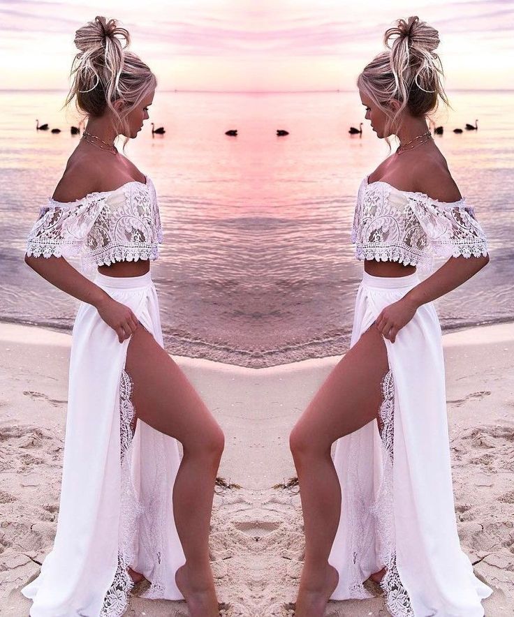 Off Shoulder Lace Beach Two Piece Wedding Dress